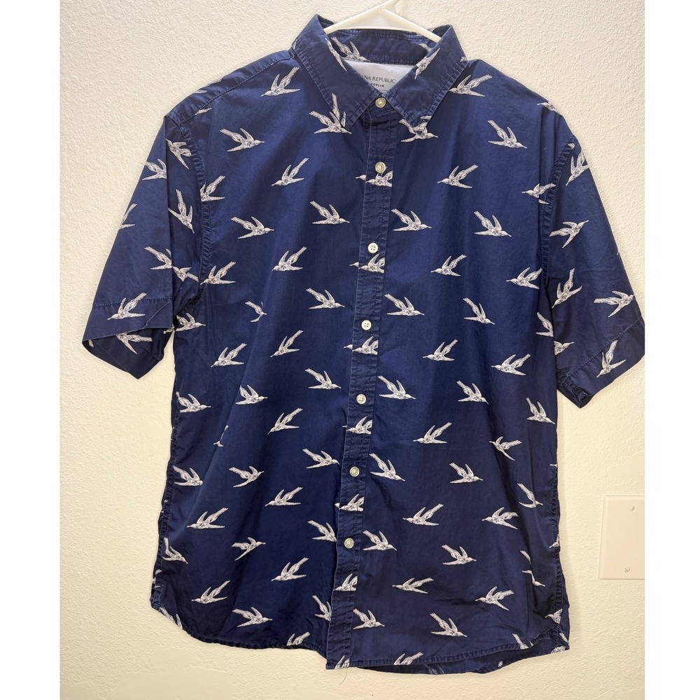 Banana Republic Luxe Poplin Mens Large Slim Fit Navy Blue Bird Print SS Shirt